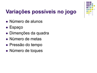 Variações possíveis no jogo
 Número de alunos
 Espaço
 Dimenções da quadra
 Número de metas
 Pressão do tempo
 Número de toques
 