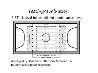 Testing/evaluation
FIET - futsal intermittent endurance test
- developed by Jose Carlos Barbero Alvarez et. al.
- test for specific futsal endurance
 