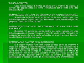 BALIZAS (TRAVES) Cada baliza possui 2 metros de altura por 3 metros de largura, e devem ser posicionadas de forma centralizada sobre cada uma das linhas de fundo. DEMARCAÇÃO DO LOCAL DE COBRANÇA DA PENALIDADE MÁXIMA À distância de 6 metros do ponto central da meta, medida por uma linha imaginária em ângulo reto com a linha de fundo e assinalada por um pequeno círculo de 10 cm de raio. DEMARCAÇÃO DO LOCAL DE COBRANÇA DE TIRO LIVRE SEM BARREIRA Distantes 10 metros do ponto central da meta, medida por uma linha imaginária em ângulo reto com a linha de fundo, serão marcados os respectivos sinais, de onde serão cobrados os tiros livres sem barreira, nas hipóteses previstas nas regras. DEMARCAÇÃO DA ZONA DE SUBSTITUIÇÃO  É o espaço marcado na linha lateral, do lado onde se encontra a mesa de anotação e cronometragem iniciando-se  uma distancia de 3 metros para cada lado partindo da linha divisória do meio da quadra.Para cada zona haverá um espaço de 3 metros identificados com linhas de 80cm,ficando 40cm no interior da quadra e 40cm por fora da quadra ,por onde os atletas deverão entrar e sair da quadra por ocasião da substituições o espaço a frente da mesa do anotador e cronometrista. 