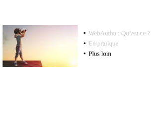 ●
WebAuthn : Qu’est ce ?
●
En pratique
●
Plus loin
 