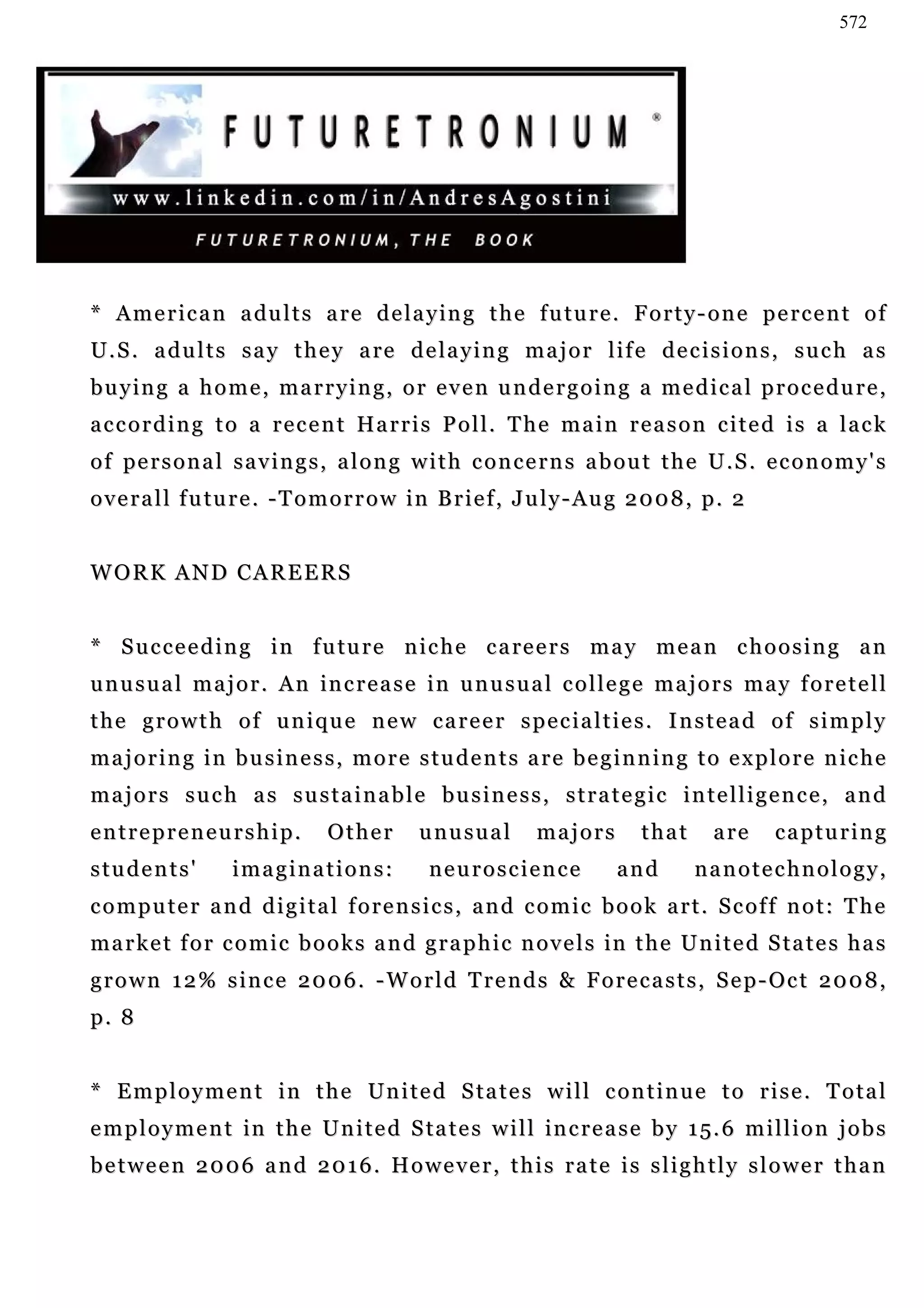 572




* A m e r i c a n a du l t s a re d e l a y in g t h e f u t u r e . F o r t y - o n e p e r c e n t o f
U . S . a d u l t s s a y t h e y a re d e l a y i n g m a j o r l i f e d e c i s i o n s , s u c h a s
buying a home, marrying, or even undergoing a medical procedure,
a c c o r d i n g t o a r e c e n t Ha r r i s P o l l . T h e m a i n r e a s o n c i t e d i s a l a c k
o f pe r s o n a l s a v i n g s , a l o n g w i t h c o n c e r n s a b o u t t h e U . S . e c o n o m y ' s
o v e r a l l f u tu r e . - T o m o r r o w i n B r i e f , J u l y - A u g 2 0 0 8 , p . 2


WORK AND CAREERS


* S u c c e e d i n g i n f u tu r e n i c h e c a re e r s m a y m e a n c h o o s i n g a n
unusual major. An increase in unusual college majors may foretell
the growth of unique new career specialties. Instead of simply
m a j o r i n g i n b u s i n e s s , m o r e s t u d e n t s a r e b e g i n n in g t o e x p l o r e n ic h e
majors such as sustainable business, strategic intelligence, and
entrepreneurship.                Other        unusual         majors         that      a re    capturing
students'          imaginations:               neuroscience               and       nanotechnology,
computer and digital forensics, and comic book art. Scoff not: The
m a r k e t f o r c o m i c b o o k s a n d g r a p h i c n o v e l s in t h e U n i t e d S t a t e s h a s
grown 12% since 2006. -World Trends & Forecasts, Sep-Oct 2008,
p. 8


* Employment in the United States will continue to rise. Total
e m p l o y m e n t i n t h e U n i t e d S ta t e s w i l l in c r e a s e b y 1 5. 6 m i l l i o n j o b s
between 2006 and 2016. However, this rate is slightly slower than
 