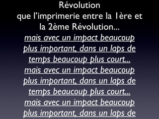 L’internet va jouer le même rôle entre la 2ème et la 3ème Révolution que l’imprimerie entre la 1ère et la 2ème Révolution... mais avec un impact beaucoup plus important, dans un laps de temps beaucoup plus court... mais avec un impact beaucoup plus important, dans un laps de temps beaucoup plus court... mais avec un impact beaucoup plus important, dans un laps de temps beaucoup plus court... 