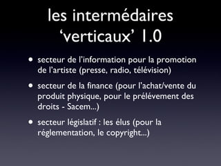 les intermédaires ‘verticaux’ 1.0 secteur de l’information pour la promotion de l’artiste (presse, radio, télévision) secteur de la finance (pour l’achat/vente du produit physique, pour le prélévement des droits - Sacem...) secteur législatif : les élus (pour la réglementation, le copyright...) 