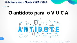 11
professor Daniel de Carvalho Luz | daniel@universocorporativo.com.br | whatsApp 15 9 9126 5571
O Antídoto para o Mundo VUCA é VECA
11
O antídoto para o V U C A
 