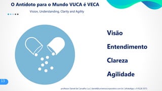 13
professor Daniel de Carvalho Luz | daniel@universocorporativo.com.br | whatsApp 15 9 9126 5571
O Antídoto para o Mundo VUCA é VECA
Visão
Entendimento
Clareza
Agilidade
Vision, Understanding, Clarity and Agility
13
 