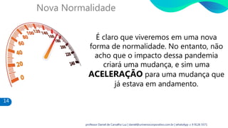 Nova Normalidade
É claro que viveremos em uma nova
forma de normalidade. No entanto, não
acho que o impacto dessa pandemia
criará uma mudança, e sim uma
ACELERAÇÃO para uma mudança que
já estava em andamento.
14
professor Daniel de Carvalho Luz | daniel@universocorporativo.com.br | whatsApp 15 9 9126 5571
 