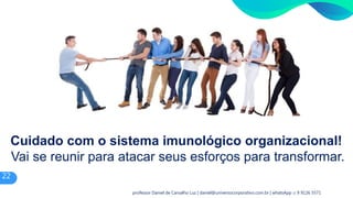 Cuidado com o sistema imunológico organizacional!
Vai se reunir para atacar seus esforços para transformar.
22
professor Daniel de Carvalho Luz | daniel@universocorporativo.com.br | whatsApp 15 9 9126 5571
 