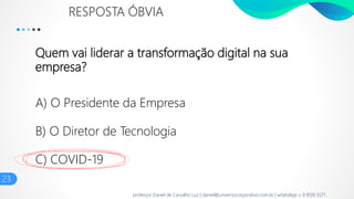 Quem vai liderar a transformação digital na sua
empresa?
A) O Presidente da Empresa
B) O Diretor de Tecnologia
C) COVID-19
23
RESPOSTA ÓBVIA
professor Daniel de Carvalho Luz | daniel@universocorporativo.com.br | whatsApp 15 9 9126 5571
 