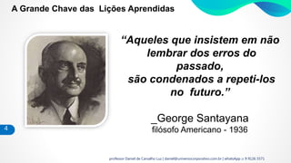 4
A Grande Chave das Lições Aprendidas
“Aqueles que insistem em não
lembrar dos erros do
passado,
são condenados a repeti-los
no futuro.”
_George Santayana
filósofo Americano - 1936
professor Daniel de Carvalho Luz | daniel@universocorporativo.com.br | whatsApp 15 9 9126 5571
 
