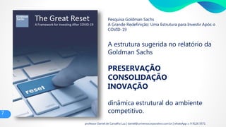 7
professor Daniel de Carvalho Luz | daniel@universocorporativo.com.br | whatsApp 15 9 9126 5571
The Great Reset
A Framework for Investing After COVID-19
A estrutura sugerida no relatório da
Goldman Sachs
PRESERVAÇÃO
CONSOLIDAÇÃO
INOVAÇÃO
dinâmica estrutural do ambiente
competitivo.
Pesquisa Goldman Sachs
A Grande Redefinição: Uma Estrutura para Investir Após o
COVID-19
7
 