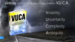 práticas de liderança para mitigar o efeito V.U.C.A
8
Volatility
Uncertainty
Complexity
Ambiguity
professor Daniel de Carvalho Luz | daniel@universocorporativo.com.br | whatsApp 15 9 9126 5571
 