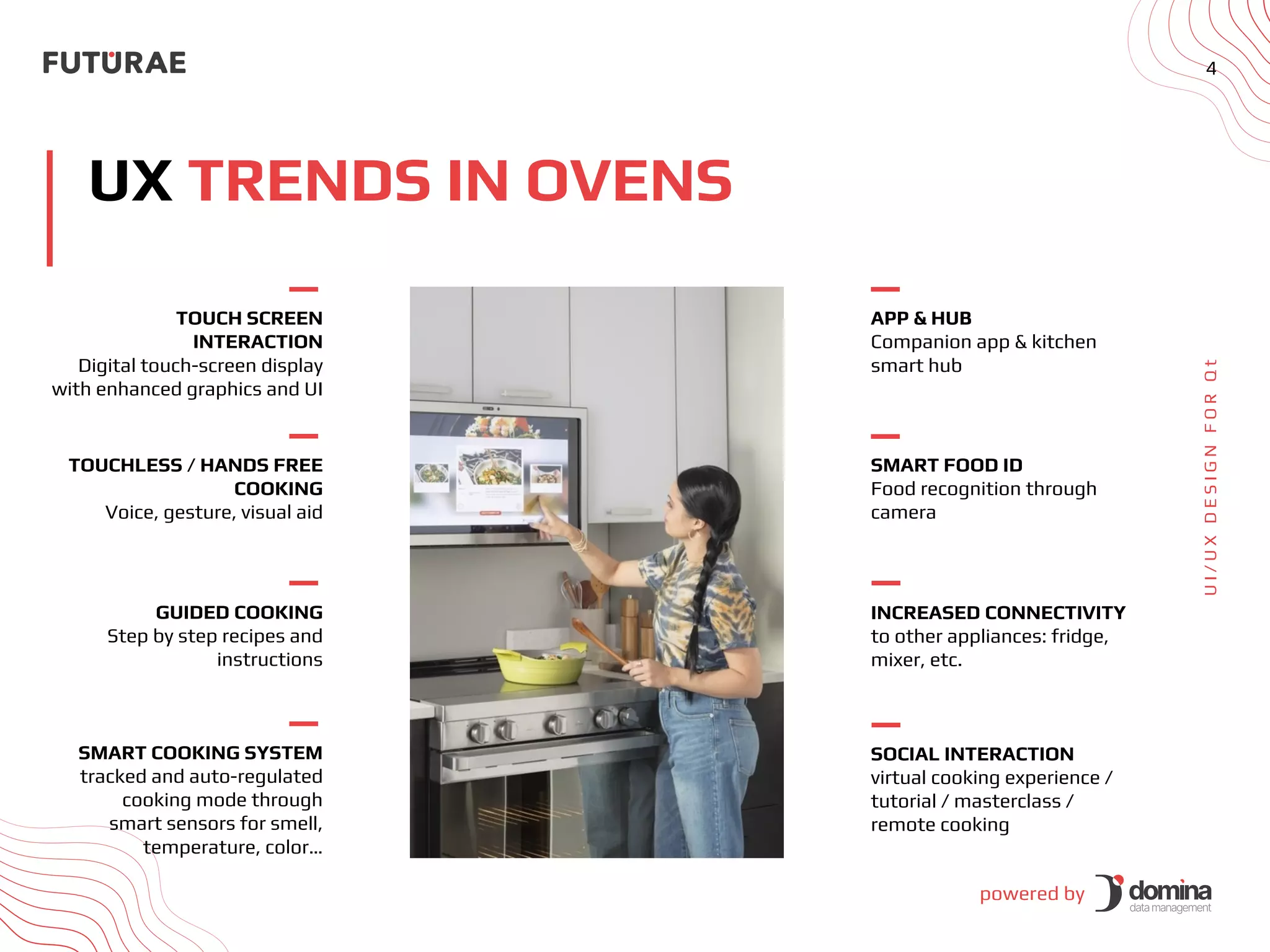 powered by
4
UX TRENDS IN OVENS
U
I
/
U
X
D
E
S
I
G
N
F
O
R
Q
t
TOUCH SCREEN
INTERACTION
Digital touch-screen display
with enhanced graphics and UI
TOUCHLESS / HANDS FREE
COOKING
Voice, gesture, visual aid
GUIDED COOKING
Step by step recipes and
instructions
SMART COOKING SYSTEM
tracked and auto-regulated
cooking mode through
smart sensors for smell,
temperature, color…
APP & HUB
Companion app & kitchen
smart hub
SMART FOOD ID
Food recognition through
camera
INCREASED CONNECTIVITY
to other appliances: fridge,
mixer, etc.
SOCIAL INTERACTION
virtual cooking experience /
tutorial / masterclass /
remote cooking
 