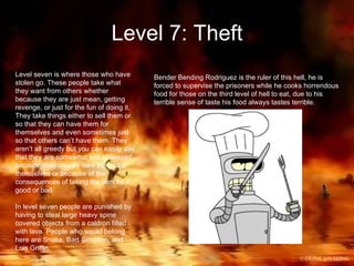 Level 7: Theft Level seven is where those who have stolen go. These people take what they want from others whether because they are just mean, getting revenge, or just for the fun of doing it. They take things either to sell them or so that they can have them for themselves and even sometimes just so that others can’t have them. They aren’t all greedy but you can easily say that they are somewhat self obsessed because they usually take things for themselves or because of the consequences of taking the item be it good or bad. In level seven people are punished by having to steal large heavy spine covered objects from a caldron filled with lava. People who would belong here are Snake, Bart Simpson, and Lois Griffin. Bender Bending Rodriguez is the ruler of this hell, he is forced to supervise the prisoners while he cooks horrendous food for those on the third level of hell to eat, due to his terrible sense of taste his food always tastes terrible. 