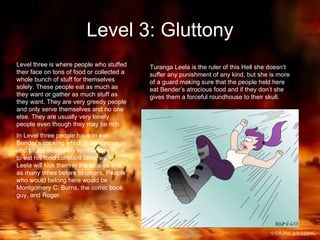 Level 3: Gluttony Level three is where people who stuffed their face on tons of food or collected a whole bunch of stuff for themselves solely. These people eat as much as they want or gather as much stuff as they want. They are very greedy people and only serve themselves and no one else. They are usually very lonely people even though they may be rich. In Level three people have to eat Bender’s cooking which is poisonous and tastes absolutely terrible they have to eat his food constant other wise Leela will kick them in the face as she as many times before to others. People who would belong here would be Montgomery C. Burns, the comic book guy, and Roger.  Turanga Leela is the ruler of this Hell she doesn’t suffer any punishment of any kind, but she is more of a guard making sure that the people held here eat Bender’s atrocious food and if they don’t she gives them a forceful roundhouse to their skull. 