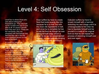 Level 4: Self Obsession Level four is where those who care about nothing but themselves go. They only look out for number one and no one else at all. If it doesn’t benefit them they don’t do it. These are the narcissists, they are obsessed with themselves and feel that they are in fact the most important person on the face of the Earth. In Level four people are punished by having to take a razor blade and destroy their own face that they idolize so much, they have to keep slicing at it until they cant even recognize themselves anymore, and once that has happened their face reverts back and they have to repeat the process.  There resides two pockets of evil where Elzar and Calculon both have to suffer individual punishments. Elzar suffers by have to create food that looks exactly like him because he is a chef, but with the most vile ingredients in hell, and once he is complete he has to eat the food as though he was eating himself away which is what he did as he complimented himself, he was basically eroding away his soul with narcissism. Calculon suffers by have to smash himself with a hammer distorting his own image until it is unrecognizable to him then he has to liquidate himself and be poured in a mold of his original form so that he can repeat the process of distorting himself over and over again. 