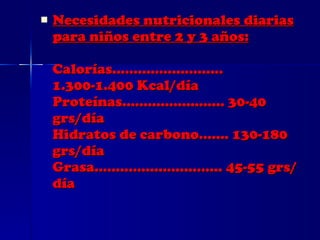 Necesidades nutricionales diarias para niños entre 2 y 3 años: Calorías.......................... 1.300-1.400 Kcal/día  Proteínas........................ 30-40 grs/día  Hidratos de carbono....... 130-180 grs/día  Grasa.............................. 45-55 grs/día 