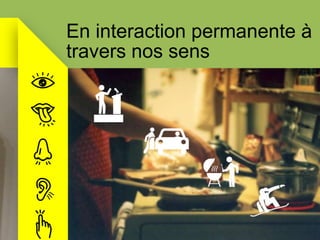 ex: Le Toucher
Clavier, Souris
Dispositifs physiques
impliquant une zone
d’interaction limitée
(boutons)
Kinect, Capteur 3...