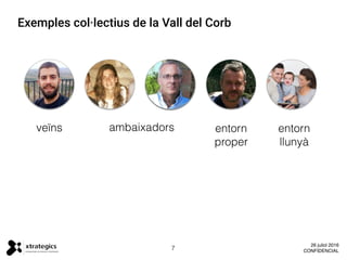 Exemples col·lectius de la Vall del Corb
veïns ambaixadors entorn
proper
entorn
llunyà
7
26 juliol 2016
CONFIDENCIAL
 