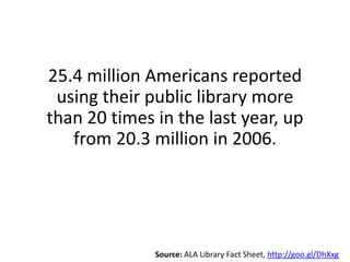 25.4 million Americans reported using their public library more than 20 times in the last year, up from 20.3 million in 2006.Source: ALA Library Fact Sheet, http://goo.gl/DhXxg
