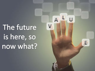 Some ideas …Host a TEDx and/or a crowdcasting event.Use the “cloud” (Google Cloud Print etc.)Go green. Use Open Source. Use Get Glue to showcase collection.Become a recommendation engine.Crowd source and help save lives by implementing Crowdmap.Add library resources to Wikipedia