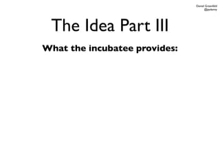 Daniel Greenfeld
                                     @pydanny




 The Idea Part III
What the incubatee provides:
 