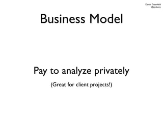 Daniel Greenfeld
                                         @pydanny




 Business Model


Pay to analyze privately
    (Great for client projects!)
 