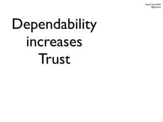 Daniel Greenfeld
                      @pydanny




Dependability
 increases
   Trust
 