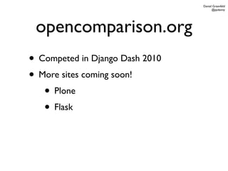 Daniel Greenfeld
                                       @pydanny




 opencomparison.org
• Competed in Django Dash 2010
• More sites coming soon!
   • Plone
   • Flask
 
