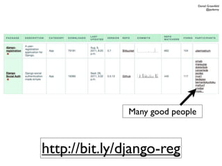 Daniel Greenfeld
                                        @pydanny




               Many good people



http://bit.ly/django-reg
 