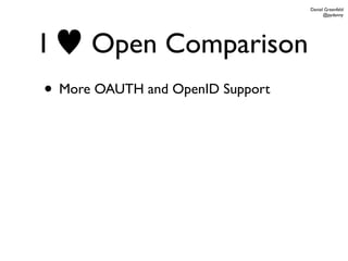 Daniel Greenfeld
                                        @pydanny




I     Open Comparison
• More OAUTH and OpenID Support
 