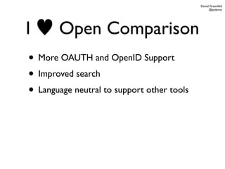 Daniel Greenfeld
                                                  @pydanny




I      Open Comparison
• More OAUTH and OpenID Support
• Improved search
• Language neutral to support other tools
 