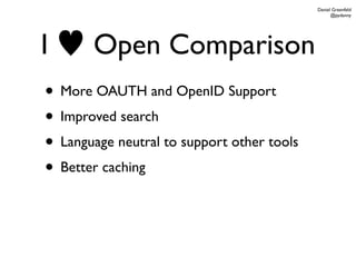 Daniel Greenfeld
                                                  @pydanny




I      Open Comparison
• More OAUTH and OpenID Support
• Improved search
• Language neutral to support other tools
• Better caching
 