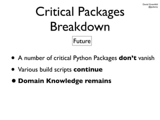 Daniel Greenfeld



        Critical Packages
                                                    @pydanny




          Breakdown
                      Future

• A number of critical Python Packages don’t vanish
• Various build scripts continue
• Domain Knowledge remains
 