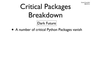 Daniel Greenfeld



     Critical Packages
                                                  @pydanny




       Breakdown
                Dark Future
• A number of critical Python Packages vanish
 
