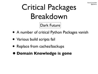 Daniel Greenfeld



     Critical Packages
                                                  @pydanny




       Breakdown
                Dark Future
• A number of critical Python Packages vanish
• Various build scripts fail
• Replace from caches/backups
• Domain Knowledge is gone
 