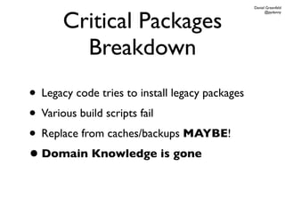 Daniel Greenfeld



       Critical Packages
                                                       @pydanny




         Breakdown
• Legacy code tries to install legacy packages
• Various build scripts fail
• Replace from caches/backups MAYBE!
• Domain Knowledge is gone
 