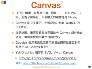 Canvas
17




     ๏ HTML 繪圖一直都存在著，像是 IE 一直有 VML 技
       術。但為了跨平台、大多數人的選擇還是 Flash。
     ๏ Canvas 是 2D 技術、比較成熟。也有 WebGL 的
       3D 技術。
     ๏ 像是縮圖、讓照片看起來平滑這些 Canvas 都有機會
       做到，但演算機制的套件目前較少。
     ๏ Google+ 使用者意見回饋可將當前網頁截圖丟到伺
       服器上 => Canvas 技術！
     ๏ YUI Graphics 相容於 SVG、VML、Canvas
      ❖ http://yuilibrary.com/yui/docs/graphics/
       練習：http://f2eclass.com/lab/html5/canvas.html
                   Copyright © 2012 FITPI. All rights reserved.
 