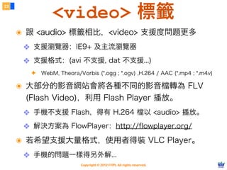 <video> 標籤
23




     ๏ 跟 <audio> 標籤相比，<video> 支援度問題更多
      ❖ 支援瀏覽器：IE9+ 及主流瀏覽器
      ❖ 支援格式：(avi 不支援, dat 不支援...)
       ✦ WebM, Theora/Vorbis (*.ogg ; *.ogv) ,H.264 / AAC (*.mp4 ; *.m4v)

     ๏ 大部分的影音網站會將各種不同的影音檔轉為 FLV
      (Flash Video)，利用 Flash Player 播放。
      ❖ 手機不支援 Flash，得有 H.264 檔以 <audio> 播放。
      ❖ 解決方案為 FlowPlayer：http://flowplayer.org/
     ๏ 若希望支援大量格式，使用者得裝 VLC Player。
      ❖ 手機的問題一樣得另外解...
                         Copyright © 2012 FITPI. All rights reserved.
 
