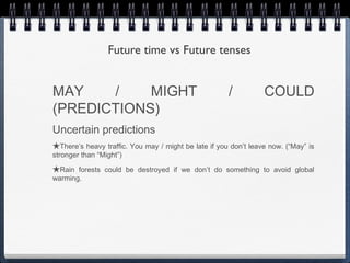 Future time vs Future tenses


MAY    /    MIGHT                                     /          COULD
(PREDICTIONS)
Uncertain predictions
★There’s heavy traffic. You may / might be late if you don’t leave now. (“May” is
stronger than “Might”)

★Rain forests could be destroyed if we don’t do something to avoid global
warming.
 