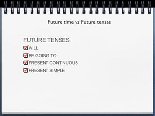 Future time vs Future tenses


FUTURE TENSES:
 WILL
 BE GOING TO
 PRESENT CONTINUOUS
 PRESENT SIMPLE
 