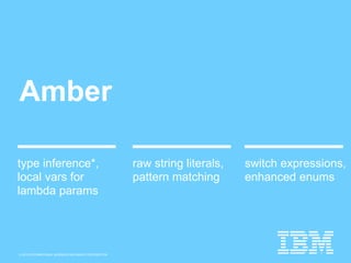 © 2015 INTERNATIONAL BUSINESS MACHINES CORPORATION
Amber
switch expressions,
enhanced enums
raw string literals,
pattern matching
type inference*,
local vars for
lambda params
 