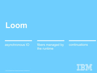 © 2015 INTERNATIONAL BUSINESS MACHINES CORPORATION
Loom
fibers managed by
the runtime
asynchronous IO continuations
 