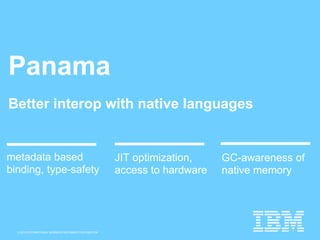 © 2015 INTERNATIONAL BUSINESS MACHINES CORPORATION
Panama
Better interop with native languages
metadata based
binding, type-safety
JIT optimization,
access to hardware
GC-awareness of
native memory
 