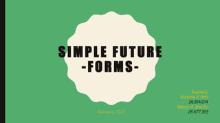 SIMPLE FUTURE
-FORMS-
Teachers:
Ariadna V. Petit
26.814.014
Marco A. Bracho
26.677.305
February, 2021
 