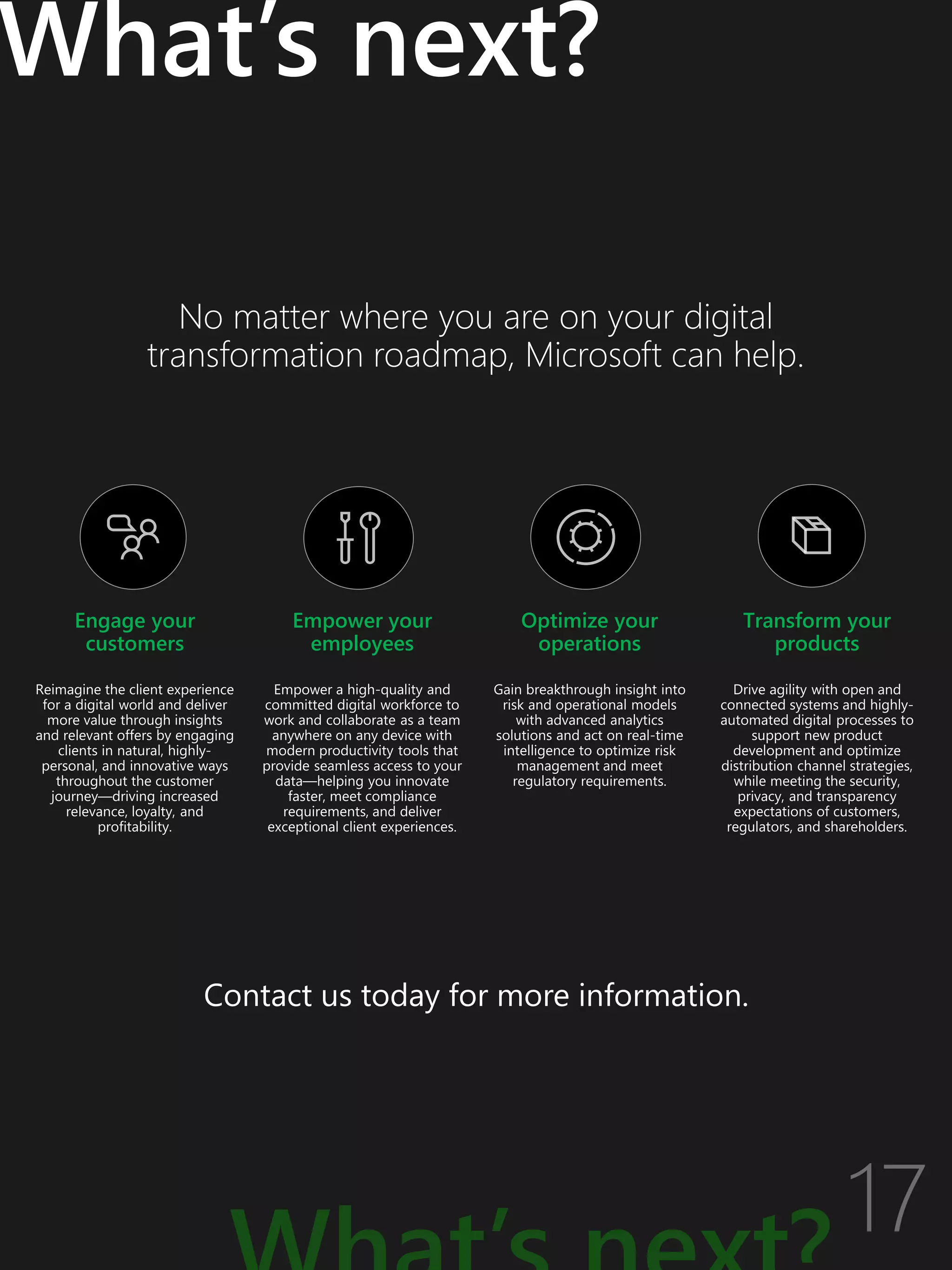 No matter where you are on your digital
transformation roadmap, Microsoft can help.
What’s next?
Engage your
customers
Reimagine the client experience
for a digital world and deliver
more value through insights
and relevant offers by engaging
clients in natural, highly-
personal, and innovative ways
throughout the customer
journey—driving increased
relevance, loyalty, and
profitability.
Empower your
employees
Empower a high-quality and
committed digital workforce to
work and collaborate as a team
anywhere on any device with
modern productivity tools that
provide seamless access to your
data—helping you innovate
faster, meet compliance
requirements, and deliver
exceptional client experiences.
Optimize your
operations
Gain breakthrough insight into
risk and operational models
with advanced analytics
solutions and act on real-time
intelligence to optimize risk
management and meet
regulatory requirements.
Transform your
products
Drive agility with open and
connected systems and highly-
automated digital processes to
support new product
development and optimize
distribution channel strategies,
while meeting the security,
privacy, and transparency
expectations of customers,
regulators, and shareholders.
Contact us today for more information.
 