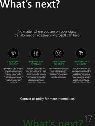 No matter where you are on your digital
transformation roadmap, Microsoft can help.
What’s next?
Engage your
customers
Reimagine the client experience
for a digital world and deliver
more value through insights
and relevant offers by engaging
clients in natural, highly-
personal, and innovative ways
throughout the customer
journey—driving increased
relevance, loyalty, and
profitability.
Empower your
employees
Empower a high-quality and
committed digital workforce to
work and collaborate as a team
anywhere on any device with
modern productivity tools that
provide seamless access to your
data—helping you innovate
faster, meet compliance
requirements, and deliver
exceptional client experiences.
Optimize your
operations
Gain breakthrough insight into
risk and operational models
with advanced analytics
solutions and act on real-time
intelligence to optimize risk
management and meet
regulatory requirements.
Transform your
products
Drive agility with open and
connected systems and highly-
automated digital processes to
support new product
development and optimize
distribution channel strategies,
while meeting the security,
privacy, and transparency
expectations of customers,
regulators, and shareholders.
Contact us today for more information.
 