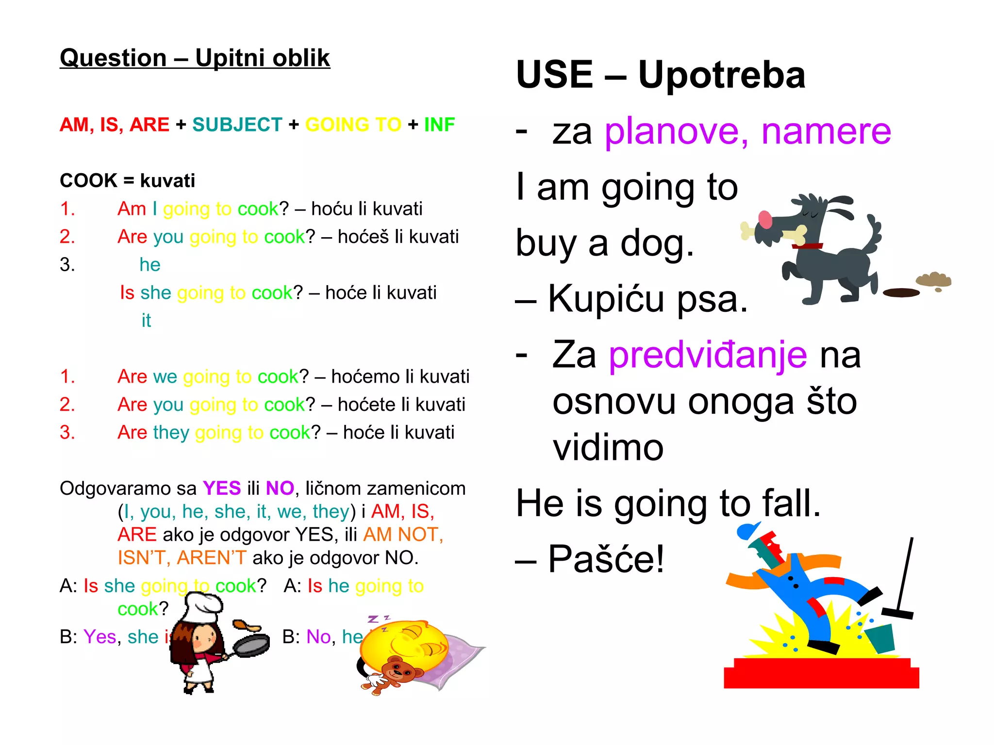Question &ndash; Upitni oblik
                                                   USE &ndash; Upotreba
AM, IS, ARE + SUBJECT + GOING TO + INF
                                                   - za planove, namere
COOK = kuvati
1.  Am I going to cook? &ndash; hoću li kuvati
                                                   I am going to
2.
3.
    Are you going to cook? &ndash; hoće&scaron; li kuvati
       he
                                                   buy a dog.
    Is she going to cook? &ndash; hoće li kuvati
       it
                                                   &ndash; Kupiću psa.
1.    Are we going to cook? &ndash; hoćemo li kuvati
                                                   - Za predviđanje na
2.    Are you going to cook? &ndash; hoćete li kuvati       osnovu onoga &scaron;to
3.    Are they going to cook? &ndash; hoće li kuvati
                                                      vidimo
Odgovaramo sa YES ili NO, ličnom zamenicom
       (I, you, he, she, it, we, they) i AM, IS,   He is going to fall.
       ARE ako je odgovor YES, ili AM NOT,
       ISN&rsquo;T, AREN&rsquo;T ako je odgovor NO.            &ndash; Pa&scaron;će!
A: Is she going to cook? A: Is he going to
       cook?
B: Yes, she is.              B: No, he isn&rsquo;t.
 