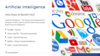 Artificial Intelligence
24
How Does AI Benefit You?
• Google - Search
• Alexa and Siri - Personal assistants
• Tesla - Sel...