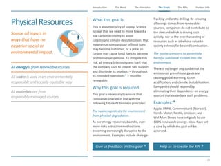 The Need The Principles The Goals Further InfoIntroduction
26
The KPIsThe Goals
Allenergyis fromrenewablesources
Allwaterisusedin an environmentally
responsibleand sociallyequitableway
Allmaterialsarefrom
responsibly-managedsources
Resources
Physical
Suppliers
PhysicalResources ​What this goal is.
​This is about security of supply. Science
is clear that we need to move toward a
low carbon economy to avoid
catastrophic climate destabilization. That
means that company use of fossil fuels
may become restricted, or a price on
carbon may cause fossil fuels to become
prohibitively expensive. To mitigate this
risk, all energy (electricity and fuel) that
the company uses to create, sell, support
and distribute its products – throughout
its extended operations – must be
renewable.
​Why this goal is required.
​This goal is necessary to ensure that
companies operate in line with the
following future-fit business principles:
​The business protects the environment
from physical degradation.
​As our energy resources dwindle, ever-
more risky extraction methods are
becoming increasingly disruptive to the
environment. Examples include shale gas
fracking and arctic drilling. By ensuring
all energy comes from renewable
sources, companies do not contribute to
the demand which is driving such
activity, nor to the over-harvesting of
resources such as oil whose value to
society extends far beyond combustion.
​The business ensures no potentially
harmful substance escapes into the
environment.
​There is no longer any doubt that the
emission of greenhouse gases are
causing global warming, ocean
acidification, and climate destabilization.
Companies should respond by
eliminating their dependency on energy
sources that exacerbate such problems.
​Examples.
Apple, BMW, Commerzbank (Norway),
Honda Motor, Nestlé, Unilever, and
Wal-Mart Stores have set goals to use
100% renewable energy. None have set
a date by which the goal will be
achieved.
​Source all inputs in
ways that have no
negative social or
environmental impact.
Give us feedback on this goal  Help us co-create the KPI 
 