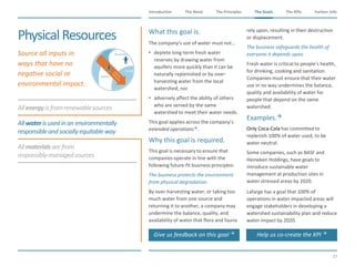 The Need The Principles The Goals Further InfoIntroduction
27
The KPIsThe Goals
Allenergyis fromrenewablesources
Allwaterisusedin an environmentally
responsibleand sociallyequitableway
Allmaterialsarefrom
responsibly-managedsources
PhysicalResources
​Source all inputs in
ways that have no
negative social or
environmental impact.
​What this goal is.
​The company’s use of water must not…
• deplete long-term fresh water
reserves by drawing water from
aquifers more quickly than it can be
naturally replenished or by over-
harvesting water from the local
watershed; nor
• adversely affect the ability of others
who are served by the same
watershed to meet their water needs.
​This goal applies across the company’s
extended operations.
​Why this goal is required.
​This goal is necessary to ensure that
companies operate in line with the
following future-fit business principles:
​The business protects the environment
from physical degradation.
​By over-harvesting water, or taking too
much water from one source and
returning it to another, a company may
undermine the balance, quality, and
availability of water that flora and fauna
rely upon, resulting in their destruction
or displacement.
​The business safeguards the health of
everyone it depends upon.
​Fresh water is critical to people’s health,
for drinking, cooking and sanitation.
Companies must ensure that their water
use in no way undermines the balance,
quality and availability of water for
people that depend on the same
watershed.
​Examples.
Only Coca-Cola has committed to
replenish 100% of water used, to be
water neutral.
Some companies, such as BASF and
Heineken Holdings, have goals to
introduce sustainable water
management at production sites in
water stressed areas by 2020.
Lafarge has a goal that 100% of
operations in water impacted areas will
engage stakeholders in developing a
watershed sustainability plan and reduce
water impact by 2020.
Resources
Physical
Suppliers
Give us feedback on this goal  Help us co-create the KPI 
 